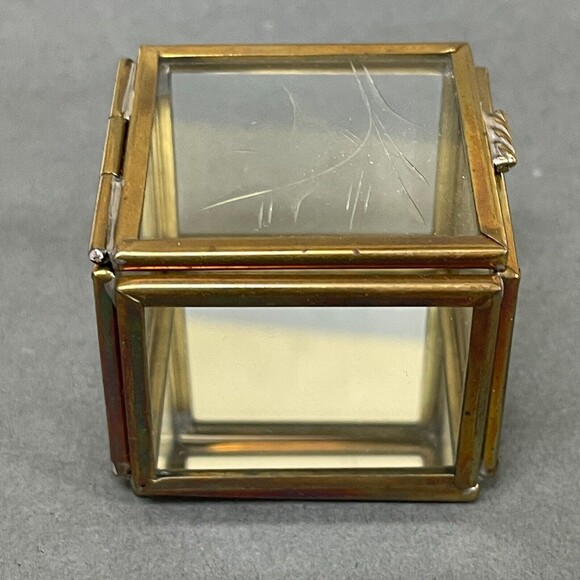 Vintage Glass Brass Mirrored Small Jewelry Trinket Box Square with Bird - Picture 6 of 7